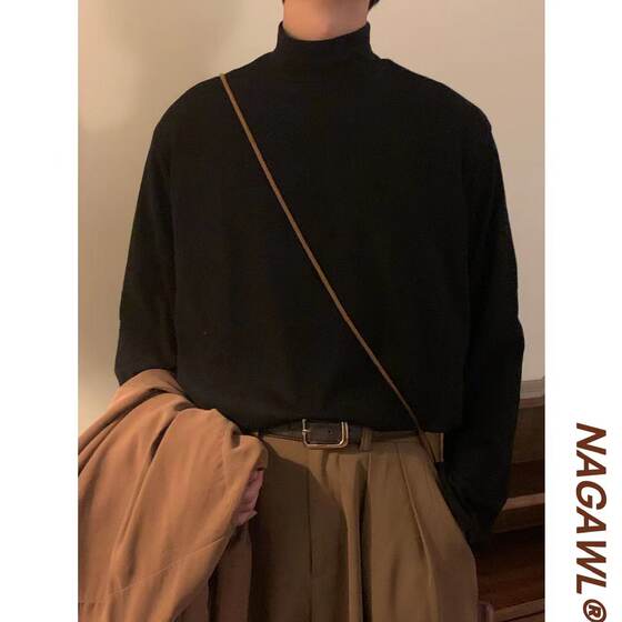 Nagawl Winter Japanese retro inside the semi -high -necked bottom shirt male casual versatile long -sleeved T -shirt stack INS tide