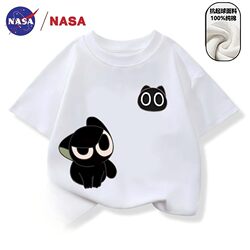 Nasa Collaboration Cartoon Luo Xiaohei Children's Summer Pure Cotton Short-Sleeve 2026 New Stylish Heavyweight Crew Neck for Older Kids