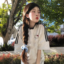 Beige Three-Stripe Short-Sleeve T-Shirt for Women, Summer 2026 New Style, Pure Cotton, Lazy Style, Loose Fit, Suitable for Middle School Students