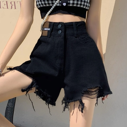 Black Ripped Denim Shorts for Women, Summer 2026 New Style, Trendy Plus Size Frayed Hem Hot Pants, High-Waisted A-Line Wide-Leg Pants