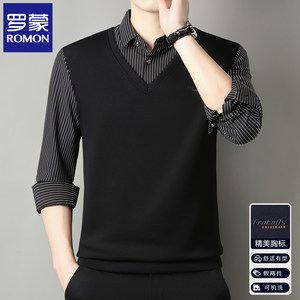 
Romon 2026 spring and autumn new men's fake two-piece shirt collar long-sleeved T-shirt men's striped no-iron top