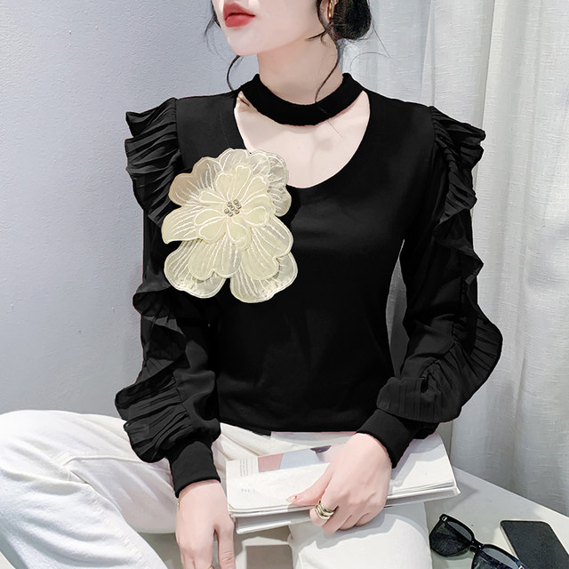 Autumn and winter new lotus leaf bottoming shirt long -sleeved T -shirt top female design, stitching slimming, thin foreign shirt
