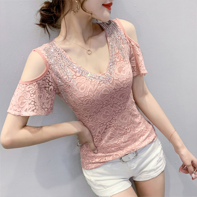 2024 new temperament women's sexy offshoulder lace shortsleeved T