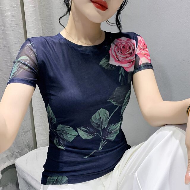 Flower Print Mesh Pleated Slim Short Top