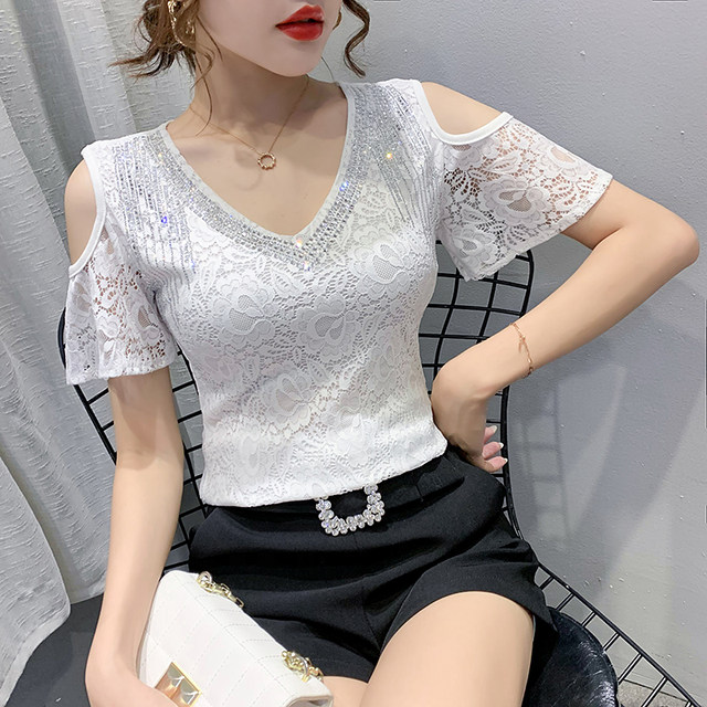 2024 new temperament women's sexy offshoulder lace shortsleeved T