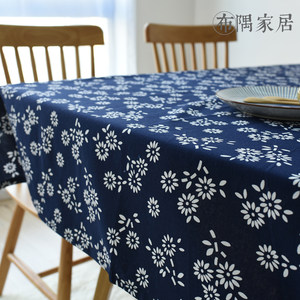 Chinese style blue and white ethnic style imitation batik dark blue retro studio dining table table cloth cotton linen fabric coffee table cloth high-end
