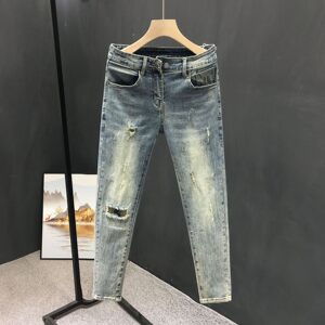 
2023 Summer Retro Jeans Men's Ripped Small Foot Nine-Point Pants Korean Style Youth Slim Elastic Pants Men's