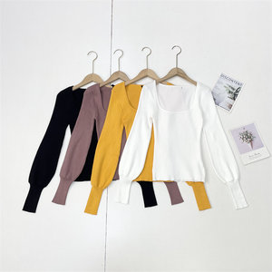 
C2 fashion American single 26 spring new square neck knitted straight sweater women's retro style trendy plain top