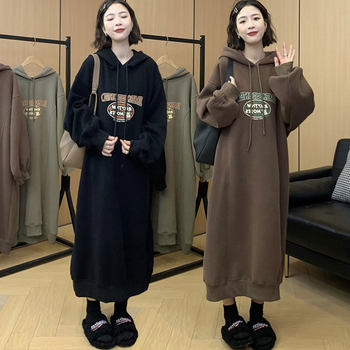 Cartoon printed dress loose hooded plus velvet long style
