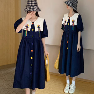 Summer large size women's fat mm slimmer belly -covered French contrasting doll collar embroidered dress holiday shirt long skirt
