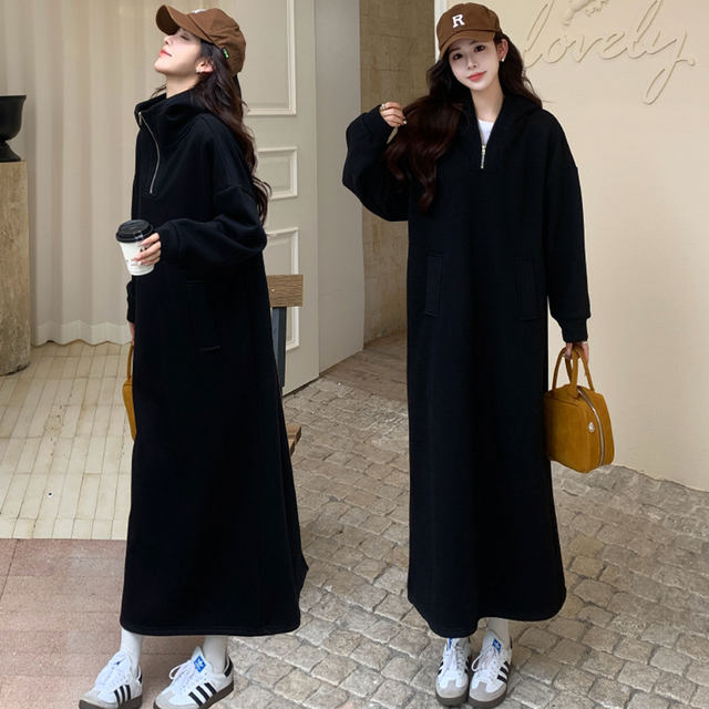 Large size women's autumn and winter new fat mm loose slim hooded plush sweatshirt dress wear bottoming long skirt