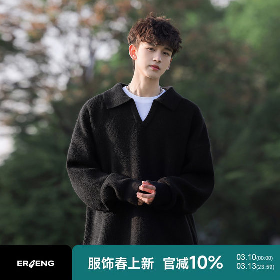 
@二代 Black V-neck sweater for men in autumn and winter 2025 new pullover with loose warm thickened sweater