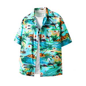 
American Hawaiian ice silk short-sleeved floral shirt for men summer seaside resort style vibe top casual half-sleeved shirt