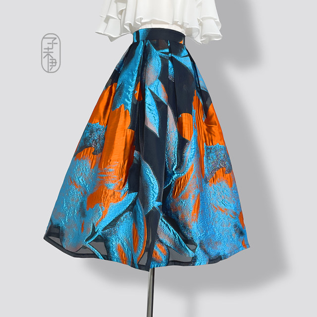 Ziweiyi Orange and blue retro Organya high-end spring and summer new style printed half-body umbrella skirt to make you look thin
