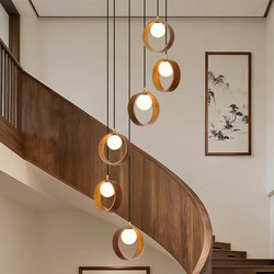 Song Dynasty Aesthetic Circular Staircase Chandelier Designer Model for High-Ceilinged Multi-Level Spaces, Multi-Head Solid Wood Combination Long Chandelier for Tea Houses and Guesthouses