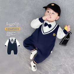 Baby Romper Spring and Autumn Preppy Style Boy Gentleman Jumpsuit Fake Two-Piece Newborn Clothes with Bow Tie for Going Out