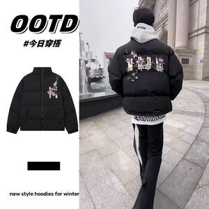 2026 American National Trendy Floral Alphabet Cotton Clothes Autumn and Winter Thickened Cotton Clothes Warm and Cold-proof Jackets for Men and Women Couples