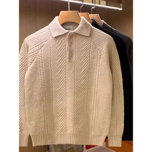 
Japanese retro minimalist jacquard texture lapel sweater top solid color men's slim pullover sweater