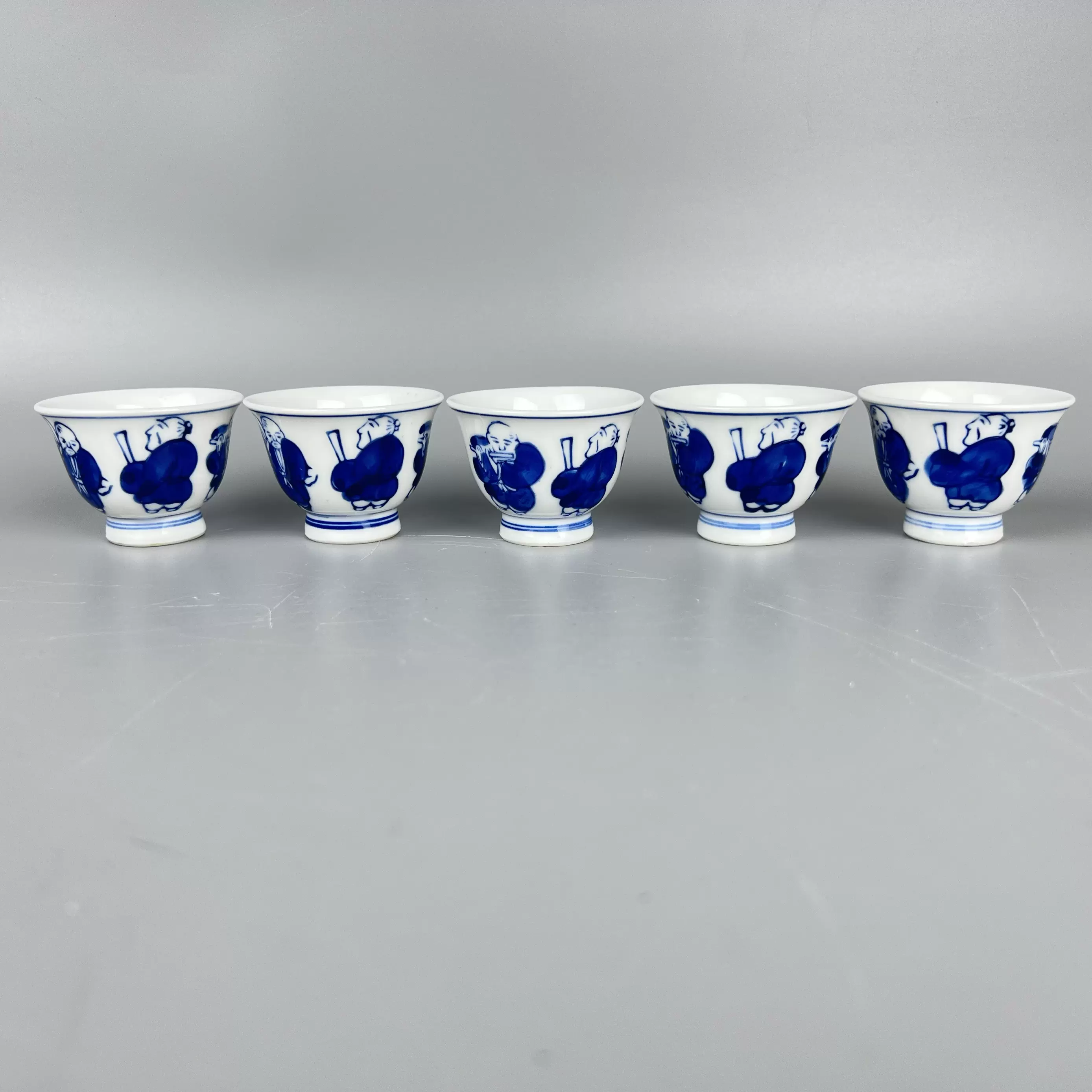 唐物 成化年製銘 青花手描 人物 茶杯 盃5客 古美術 EL11-12 bird' ハンドメイド・手芸 唐物 成化年製銘 青花手描 人物 茶杯 盃