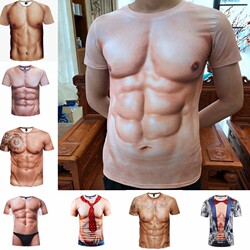 Muscular Man Short-Sleeved T-Shirt with Funny and Unique Design, Realistic Fake Chest Muscles and Fake Abs, Performance Outfit for Annual Meeting