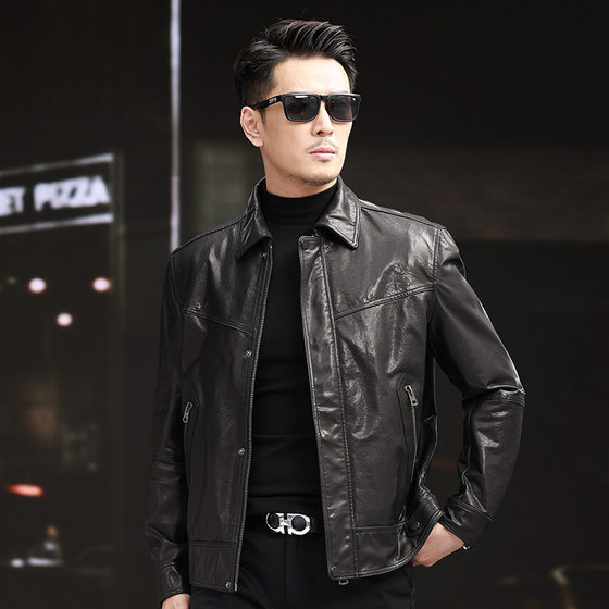 
New Haining Genuine Leather Jacket Men's First Layer Sheepskin Short Lapel Motorcycle Jacket Fashionable and Versatile Jacket