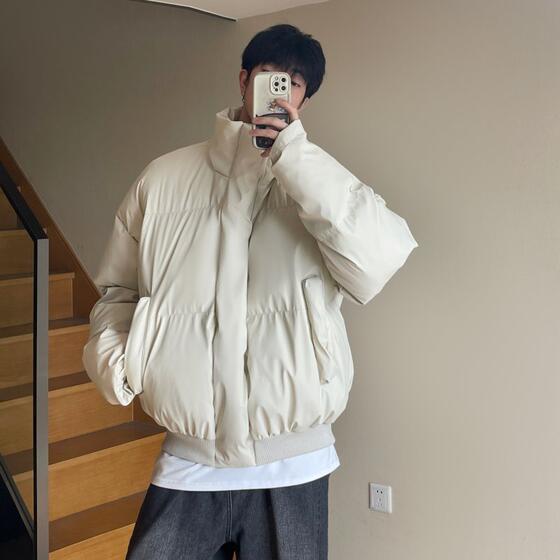 American cityboy couple down jacket pu leather short solid color versatile thickened men's bread jacket cotton jacket
