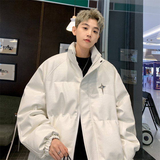 Winter cityboy couple down jacket crocodile pattern PU leather jacket loose and free wash handsome bread jacket men's cotton jacket
