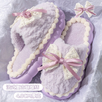 
Sweet bow cotton slippers for women 2025 new autumn and winter home indoor non-slip warm plush slippers for women