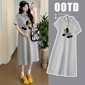 
Maternity dress summer 2026 new casual maternity wear loose polo collar T-shirt skirt to cover belly and reduce age
