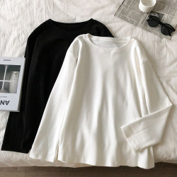 Fleece-Lined Long-Sleeve T-Shirt for Women, Basic Autumn and Winter Style, Inner Layer with German Velvet, Loose, Casual, Versatile, Brushed Top