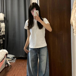 Right-Shoulder Round-Neck Pure Cotton Short-Sleeve T-Shirt for Women, Summer Short Style, High-Waisted, Slim-Fitting, Slimming Top, Casual, Simple, Versatile T-Shirt