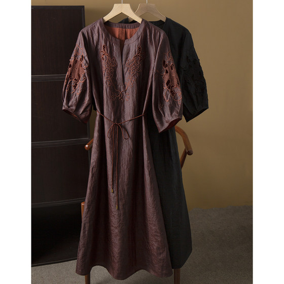 
High-end hollow embroidered red cloud yarn silk fragrant cloud yarn dress 100% mulberry silk V-neck lantern sleeve long dress summer