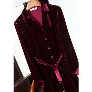 
Chinese New Year burgundy silk velvet dress long skirt V-neck shirt skirt temperament mulberry silk waist A-line skirt early spring