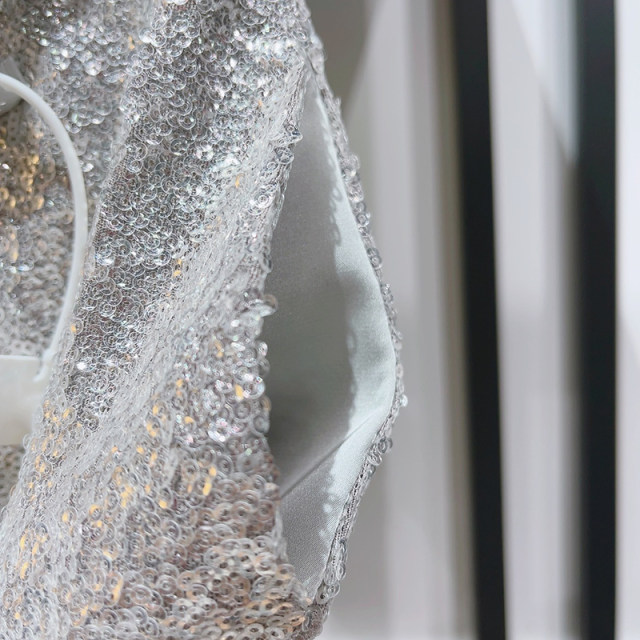 French niche 2023 Autumn and Winter Light Luxury Sequin Tulle Slit Skirt Mid-length Banquet Straight Skirt Skirt
