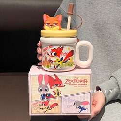 Zootopia Ceramic Mug with Lid, Couple Straw Water Cup, Birthday Gift for Girls, Home Drinking Water Cup