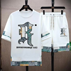 Summer Men's Round Neck Short-sleeved T-shirt Tooling Shorts Suit Splicing Student Tide Brand Handsome Print Two-piece Tide