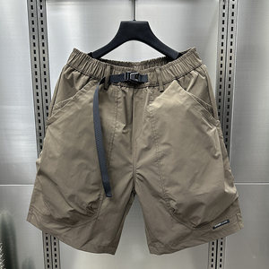 2025 men's trendy large pocket belt work shorts summer thin new loose straight five-point mid-size pants
