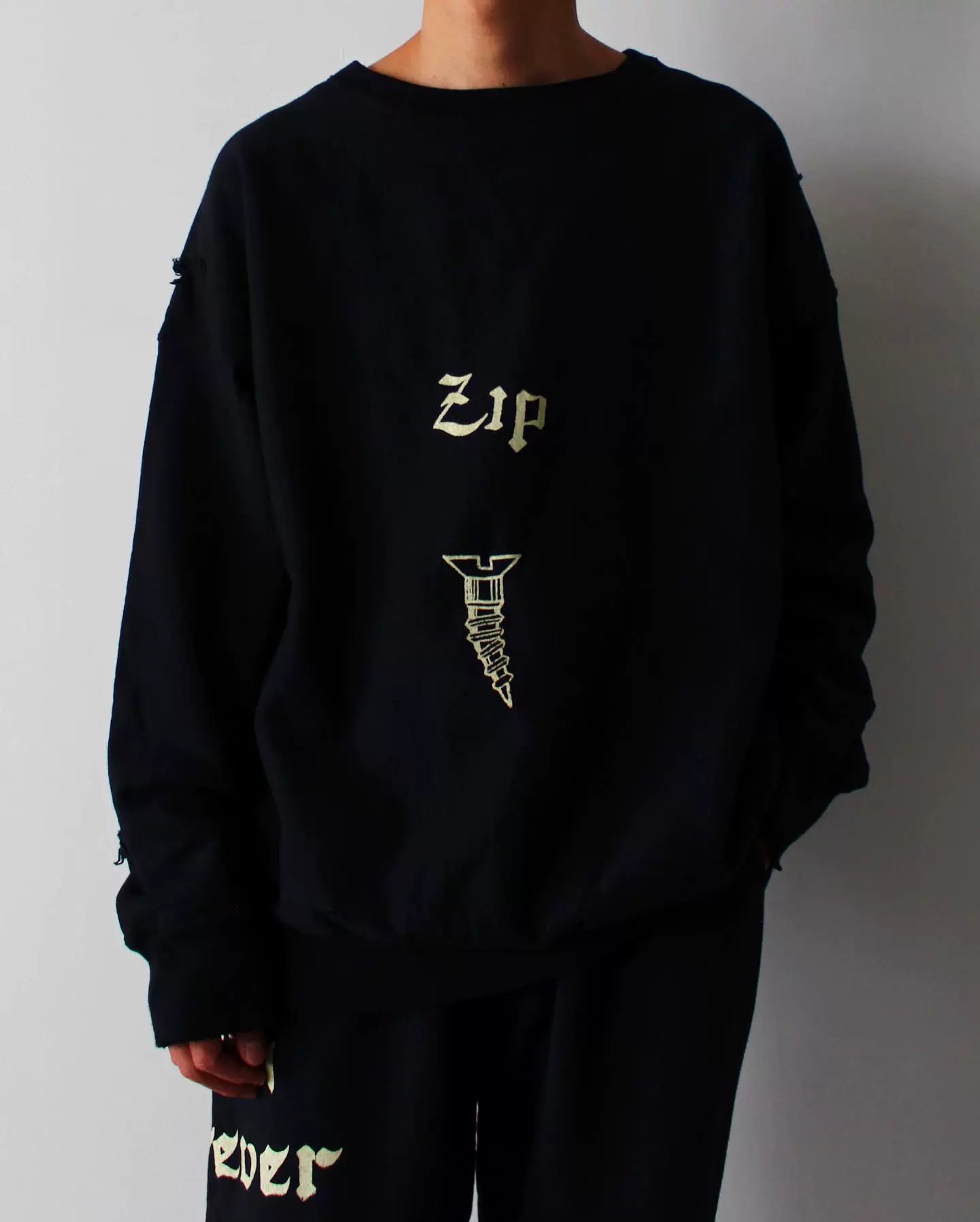 BOW WOW ZIP DAMAGED CREW SWEAT 23AW 复古破坏虫洞做旧圆领卫衣-Taobao