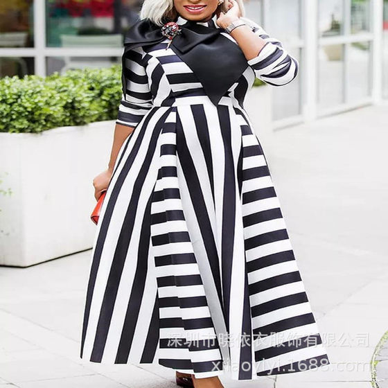 Amazon AliExpress Striped Chest Wrap Style Commuting Bow Long Skirt Black Foreign Trade High Waist Dress 621