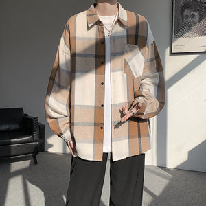 
Shirt Men's Spring New Hong Kong Style Loose Large Size Brushed Plaid Long Sleeve Shirt - Trendy
