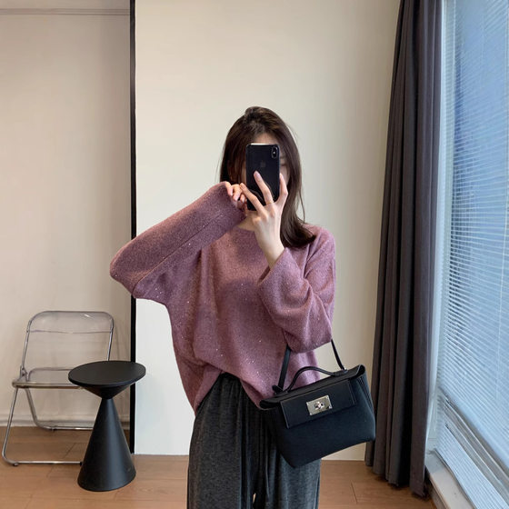 
2025 autumn beauty super fairy whitening sequins lazy solid color thin loose wool light luxury mohair sweater for women