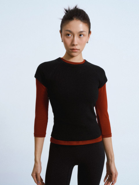 aolol layered artifact round neck high crocodile heavy cotton T-shirt for women with hidden flesh and slim shoulder short sleeve slim base top
