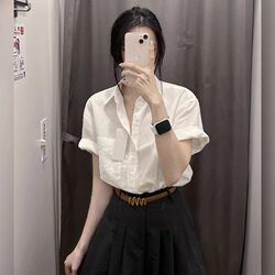 French-Style Cotton and Linen White Shirt for Women, 2026 Summer New Model, High-End and Unique Polo Collar Formal Short-Sleeve Top, Trendy