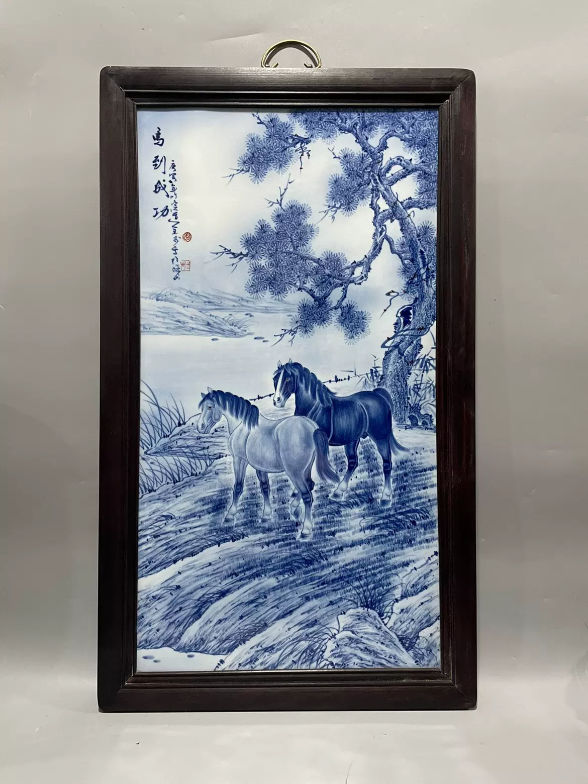 刘雨笒作品精品非洲黄花梨镶瓷板画粉彩花鸟百鸟朝凤挂屏景德镇