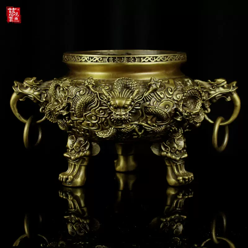 铜器 香炉 九龙双耳三象足熏香炉 客厅 书房 茶室 香道具