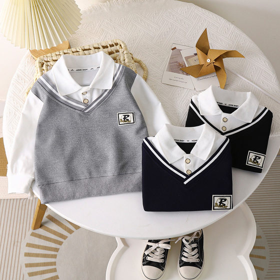 
Boys Lapel POLO Shirt Spring and Autumn New Boys Sweatshirt British Style Fake Two-piece Medium-large Children's Versatile Fashion