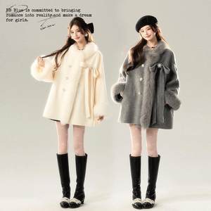 BB BLUE Original Design Snow Country Qianjin True Fox Mao Wool White Gray Woolen Short Jacket