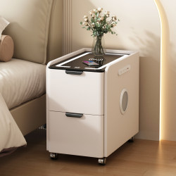 Movable Smart Bedside Table, Small Wheeled Solid Wood Storage Cabinet, Bedroom Simple Modern Small Apartment Storage Side Cabinet