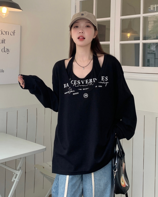 Large size fat MM autumn lazy wind mid -length long V -neck soft glutinous sweater hanging neck vest, two -piece jacket