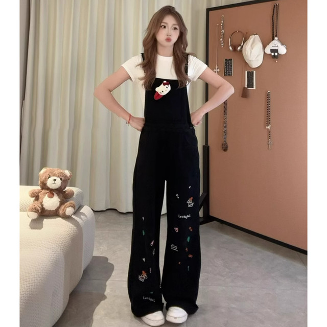 Large size fat mm sweet cool style age-reducing embroidery black denim overalls for women 2025 summer loose casual wide-leg pants